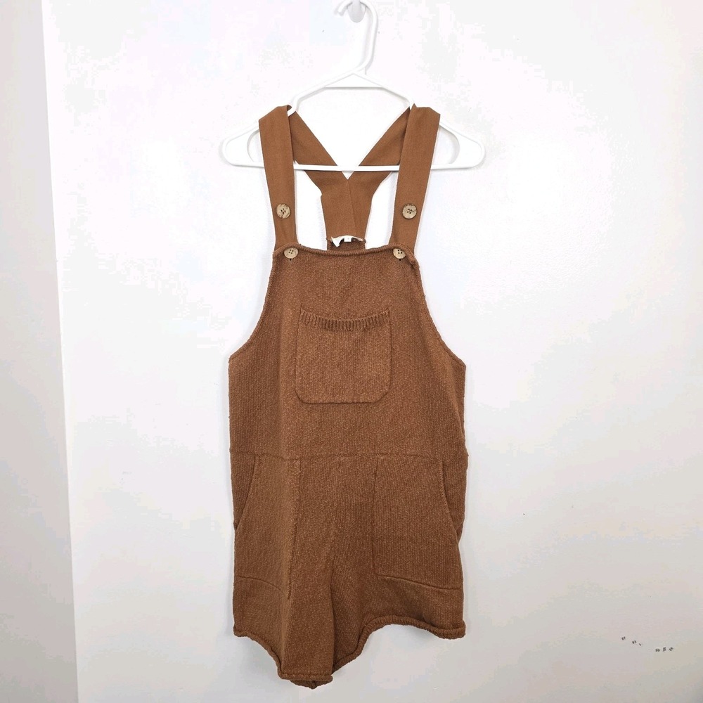 Bohme Brown Textured Sweater Knit Granola Girl Oversized Shortalls Overalls Sz S
